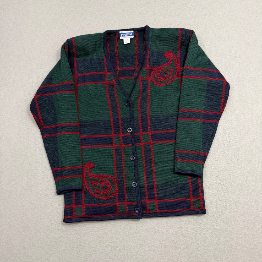 Pendleton Cardigan Small Green Plaid Paisley Virgin Wool V-Neck Shoulder Pads